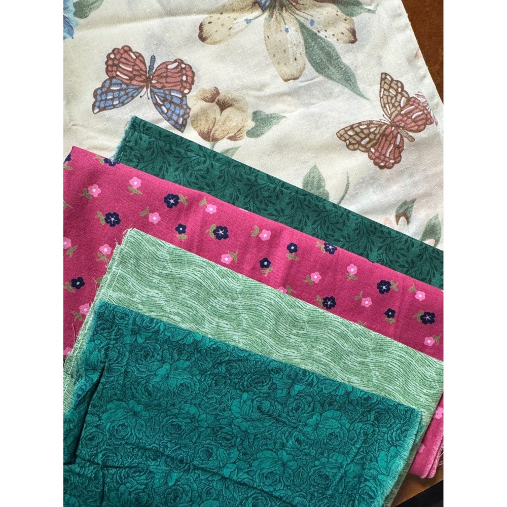 Floral Butterfly Cotton Fabric Remnants Bundle 5pc Mixed Green Pink Multi-Size